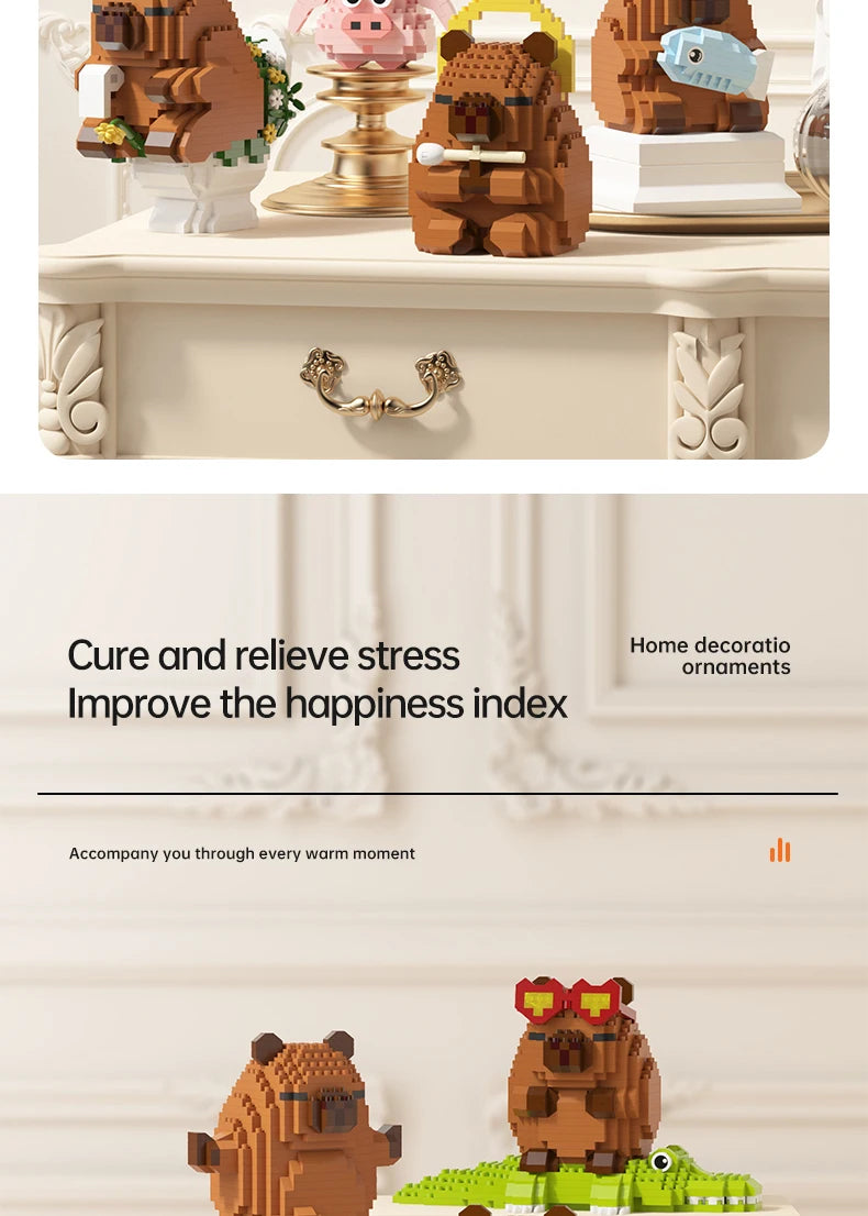 "Cute Capybara Block Figure - Desktop Decor Model with Orange Accessory | Meme Lover's Collectible"