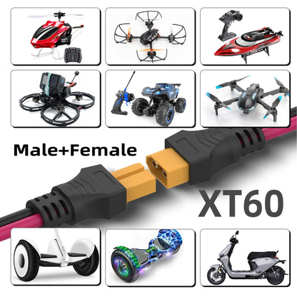XT60 extension cable 12AWG XT60 to XT60 cable, with male to female connectors, suitable for solar panel remote control battery