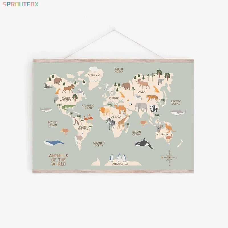 World Map Canvas Painting Pastel Animal Theme Educational Wall Art Nordic Posters and Prints Pictures for Kids Room Decoration