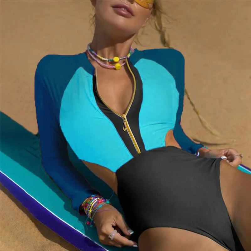 New Patchwork One-Piece Swimsuit Long Sleeve Swimwear Sports Backless Women's Swimming Bathing Suit Beach Wear Bather Surfing