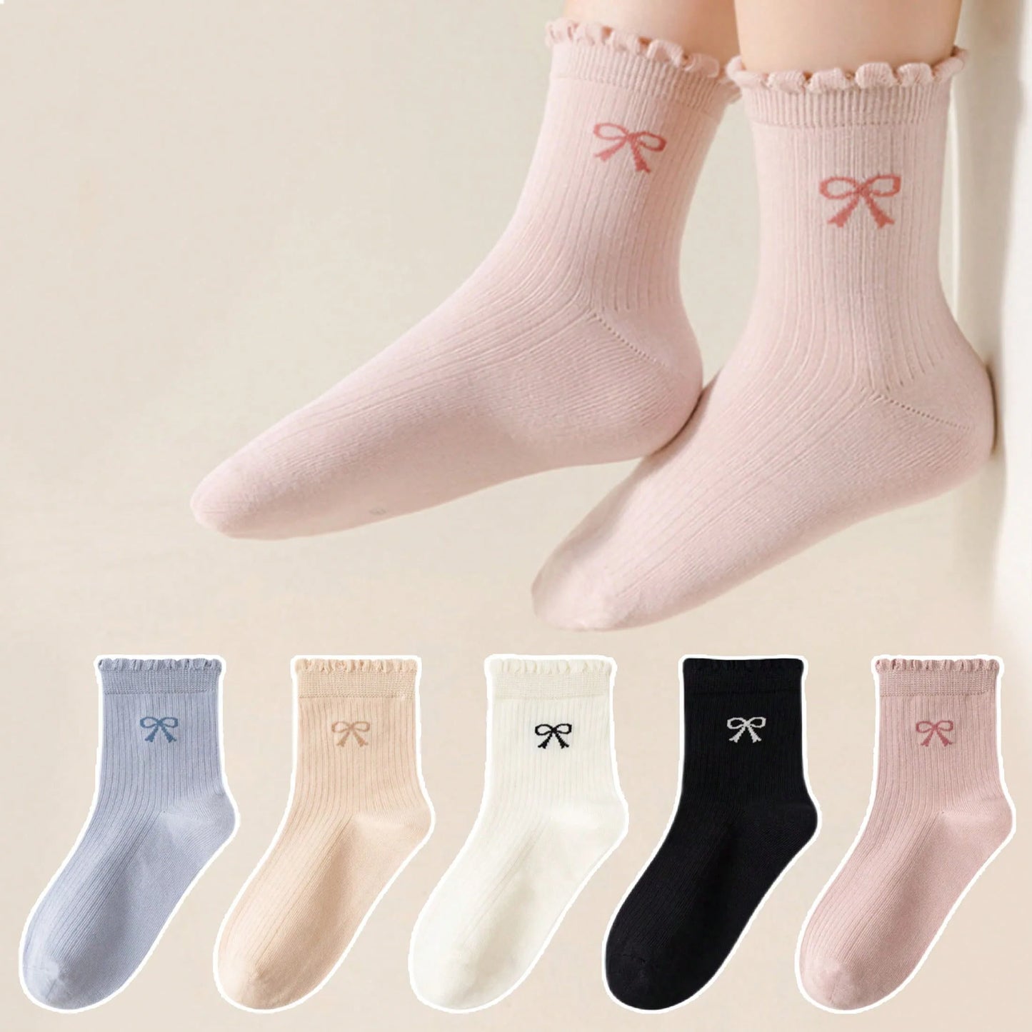 3 Pairs of Random Mixed Color Kidsren's Socks with Lace Bow Patterns for Girls and Babies, Versatile Mid-Calf Socks for All Seasons Suitable for Daily Life