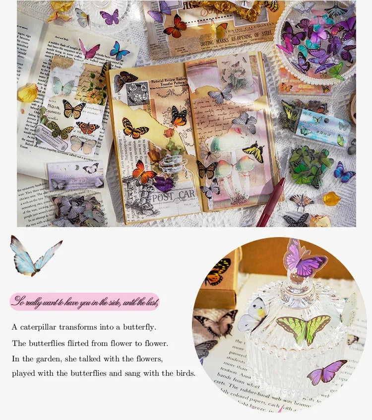 Journamm 40pcs/pack Butterfly Series Stickers Art Collage Junk Journal DIY Scrapbooking PET Waterproof Craft Aesthetics Stickers