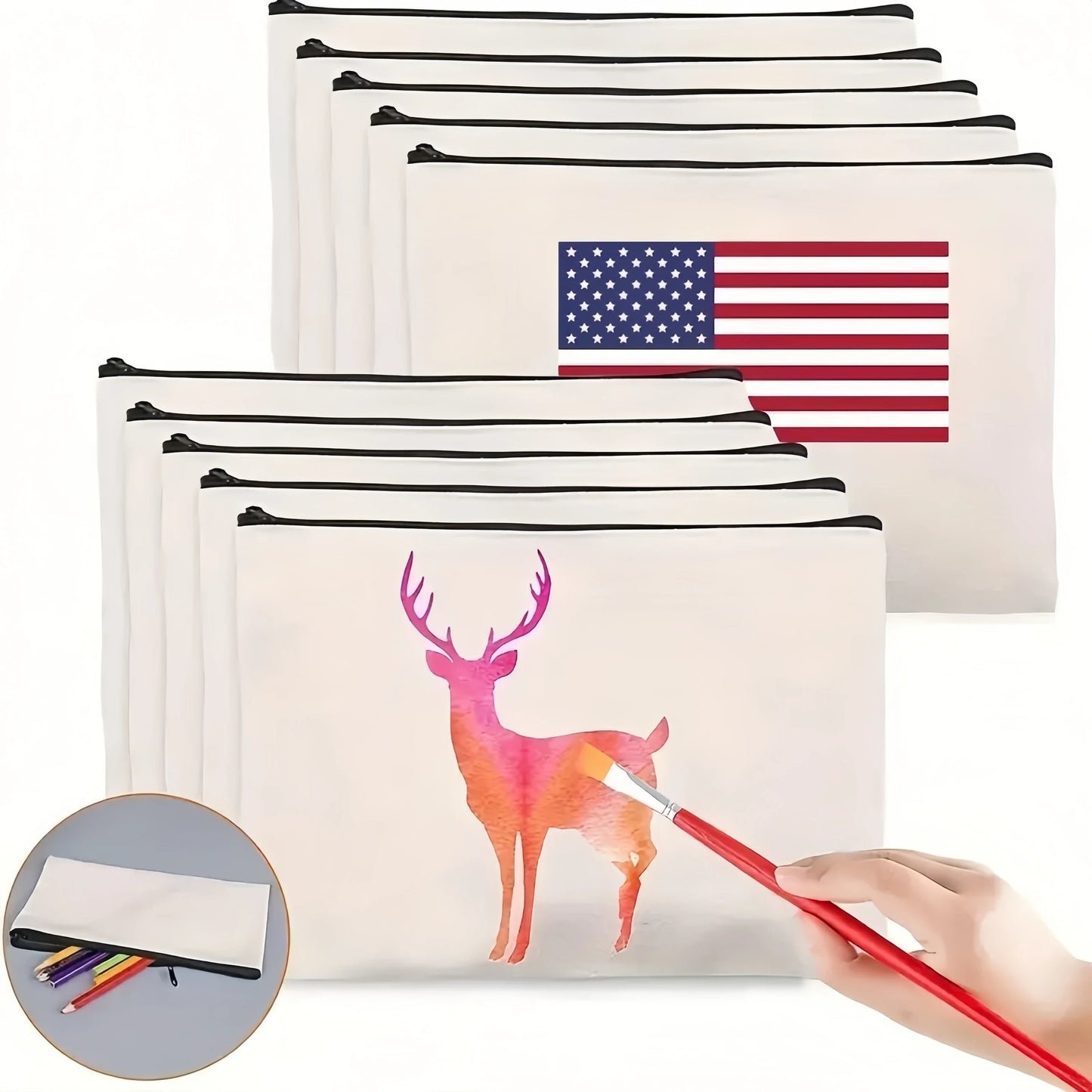 5pcs Blank Canvas Zipper Pouch Bulk, Makeup Bag Pencil Case For Cosmetic & DIY Crafts, Independence Day