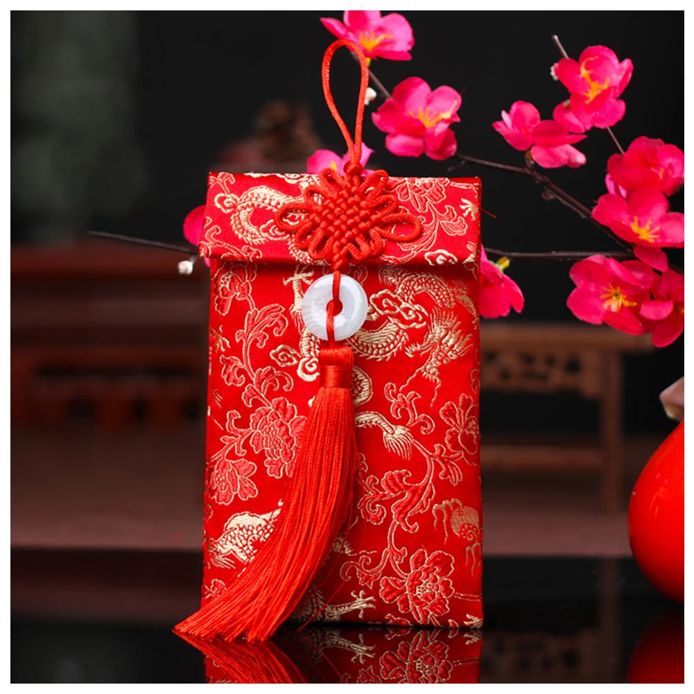 Chinese Style Brocade Red Envelope Bag Spring Festival Luck Red Packets Bag for Chinese Wedding Birthday Invitation Card Bag