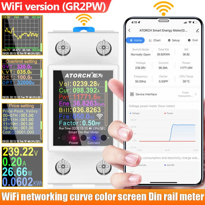 100A Tuya WiFi Din Rail Power Energy Meter AC50-320V Smart Electricity Meter Digital Display Monitor Voltage Curve Ammeter GR2PW