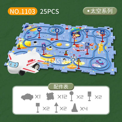 Children Puzzle Electric Railroad Speeder DIY Assembly Electric Car Automatic Rail City Scene Construction Education Toy Gift