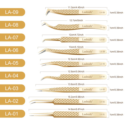 Lashtalk Precision Fiber Tip Tweezer Eyelash Extensions Diamond Grip Anti-Slip Premium Gold Stainless Steel Makeup With Box Pack