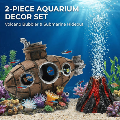 Aquarium Decoration Set Resin Submarine & Volcano Air Bubbler Fish Tank Ornaments Landscape Accessories for Betta Shrimp Decor
