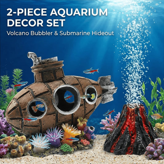 Aquarium Decoration Set Resin Submarine & Volcano Air Bubbler Fish Tank Ornaments Landscape Accessories for Betta Shrimp Decor