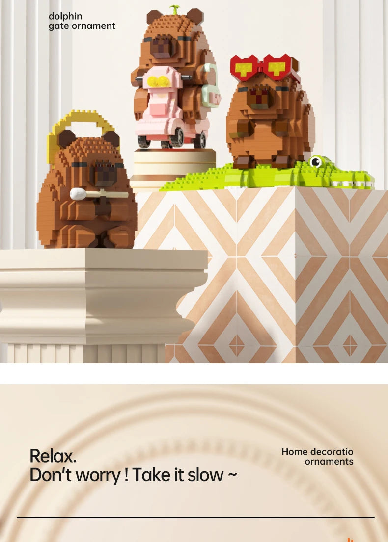"Cute Capybara Block Figure - Desktop Decor Model with Orange Accessory | Meme Lover's Collectible"