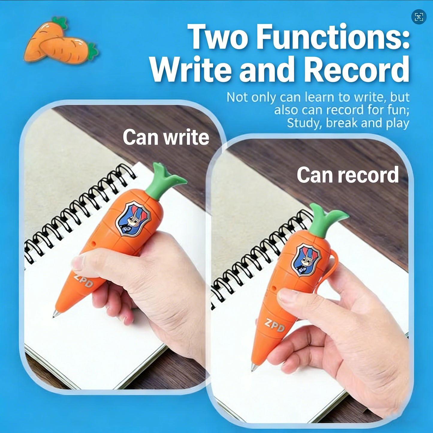 Disney Zootopia 2 Carrot Recorder Pen | Judy & Nick Style for Kids | 60s Mini Recorder | 2-in-1 Gel Pen Stationery