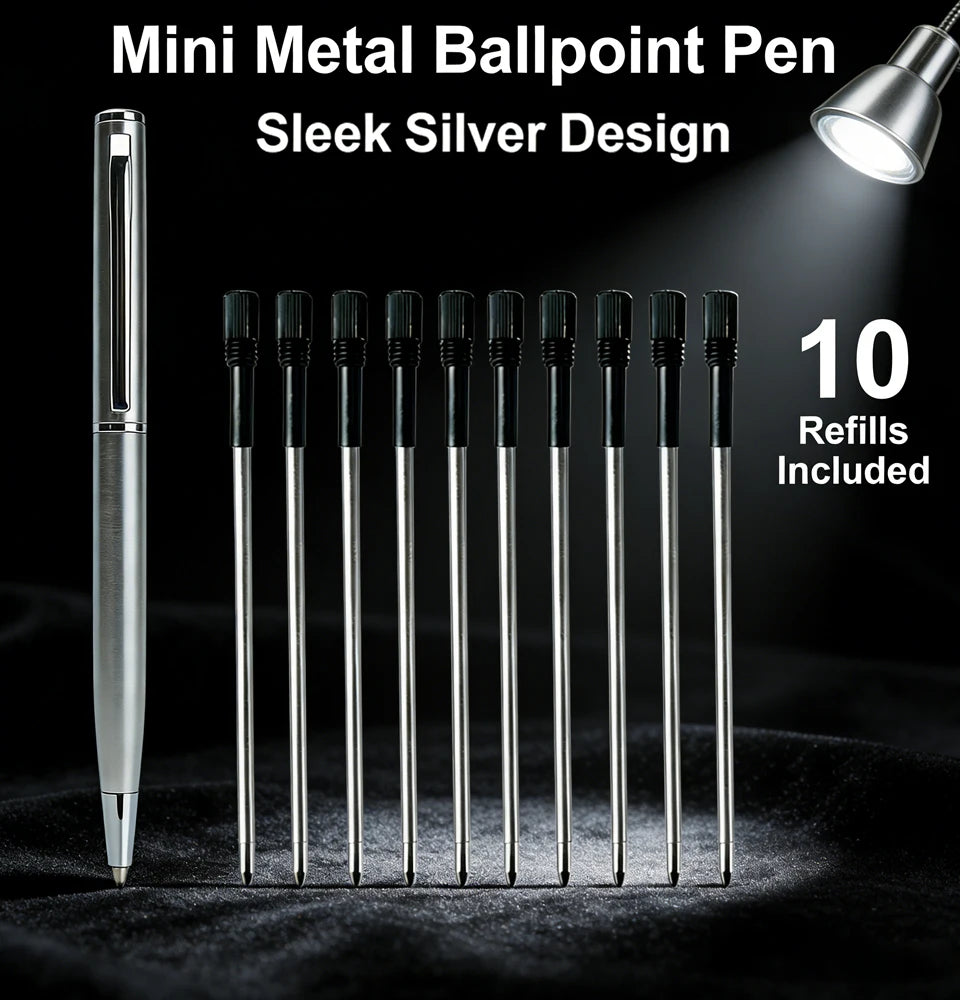 Mini Stainless Steel Metal Ballpoint Pen with 10 Replacement Refills Set, Portable Pocket Ballpen Compact Short Pen for Wallet