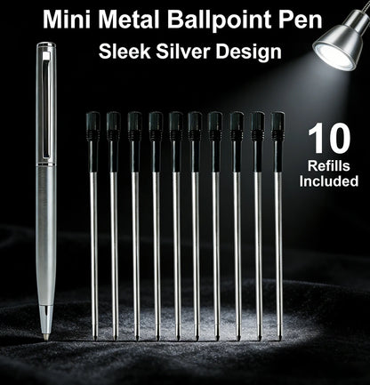 Mini Stainless Steel Metal Ballpoint Pen with 10 Replacement Refills Set, Portable Pocket Ballpen Compact Short Pen for Wallet
