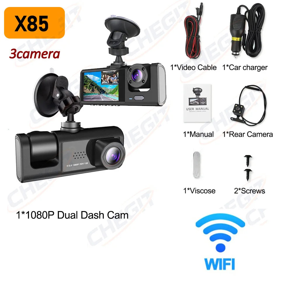 Wifi 3 Channel Dash Cam Night Vision Loop Recording & 2" IPS Screen 1080P 2/3Camera DVR Recorder, Video Recorder, Vehicle DVR