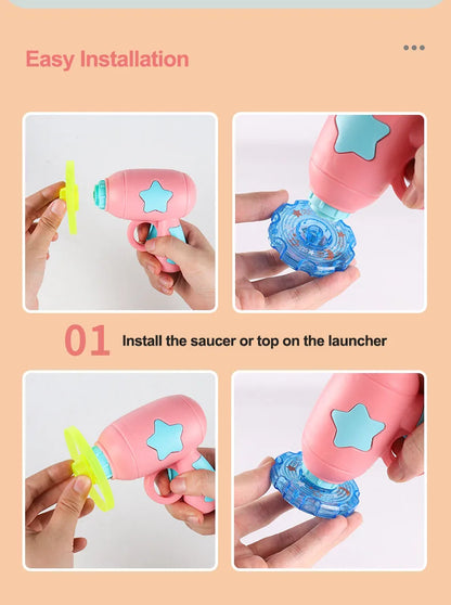Children Saucer Launcher Pistol Outdoor Spinning Top Dinosaur Gun Toys Flying Disc Bamboo Dragonfly Ejection Luminous Gyroscope