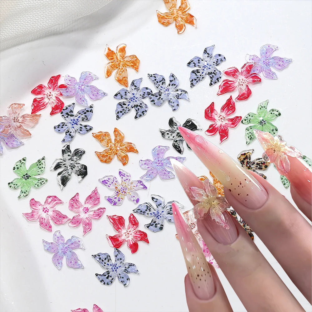 100/60/40/20pcs Mixed Crystal Lily Flower Nail Charms 3D Ice Translucent Soft Sculpture Lily Petals Floral Nail Rhinestone Decor