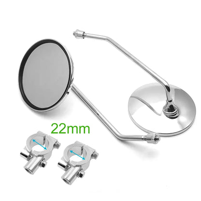 A Pair Chrome Motorcycle Scooter Mirrors Universal Motorbike Rear View Mirror 8mm 22mm 25mm handlebar Round Oval Convex Mirrors