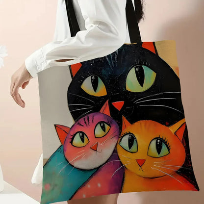1pc Stacked Cat Handbag, Reusable Fashionable Handbag, Multifunctional Handbag, Printed Canvas Shopping Bag