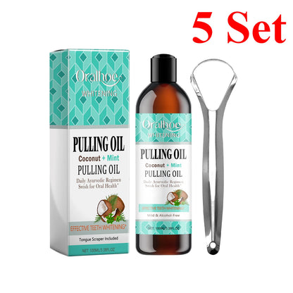 Coconut Mint Pulling Oil Mouthwash Kit With Tongue Scraper Fresh Oral Breath Odor Removal Alcohol-Free Whiten Tool Mouth Care