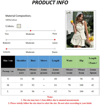 Bornladies Cotton Chic Casual Vest Mini Skirt Set Women's Fashion Commuter Sleeveless Tank Top Loose Shorts Suits Summer New