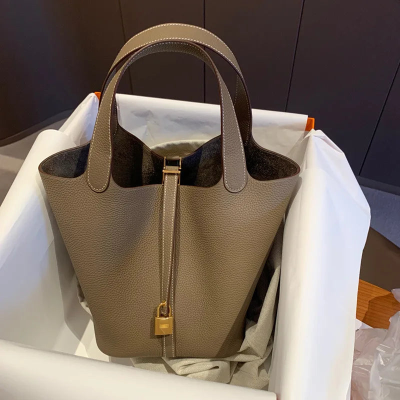 Stylish Handbag, Unique Bucket Classic Shopping Tote Bag, Soft PU Litchi Pattern Basket Women Bag with Lock Small Horse Scarves