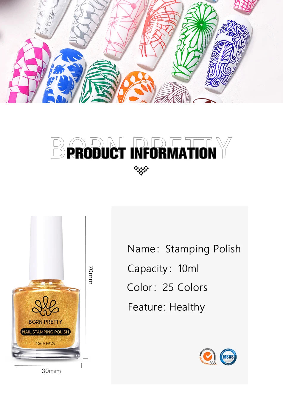BORN PRETTY 10ml 25 Colors Nail Stamping Polish Nail Art Varnish with Peel Off Nail Latex Black White Colorful Stamp Polish