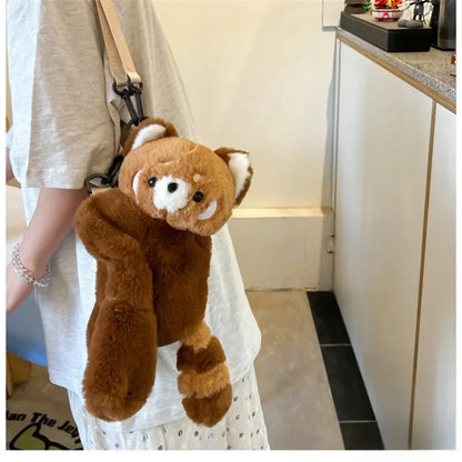 Red Panda Plush Backpack Cute Plushie Doll Women Crossbody Fur Soft Shoulder Bag for Camping Travel Party Female Birthday Gift