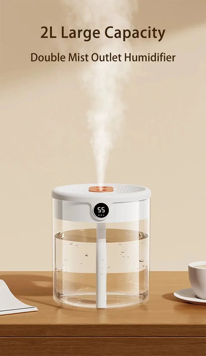 Dual Spray Humidifier USB Large Capacity Home 2L Quiet Bedroom LED Digital Display Night Light Office Desktop Mini Diffuser