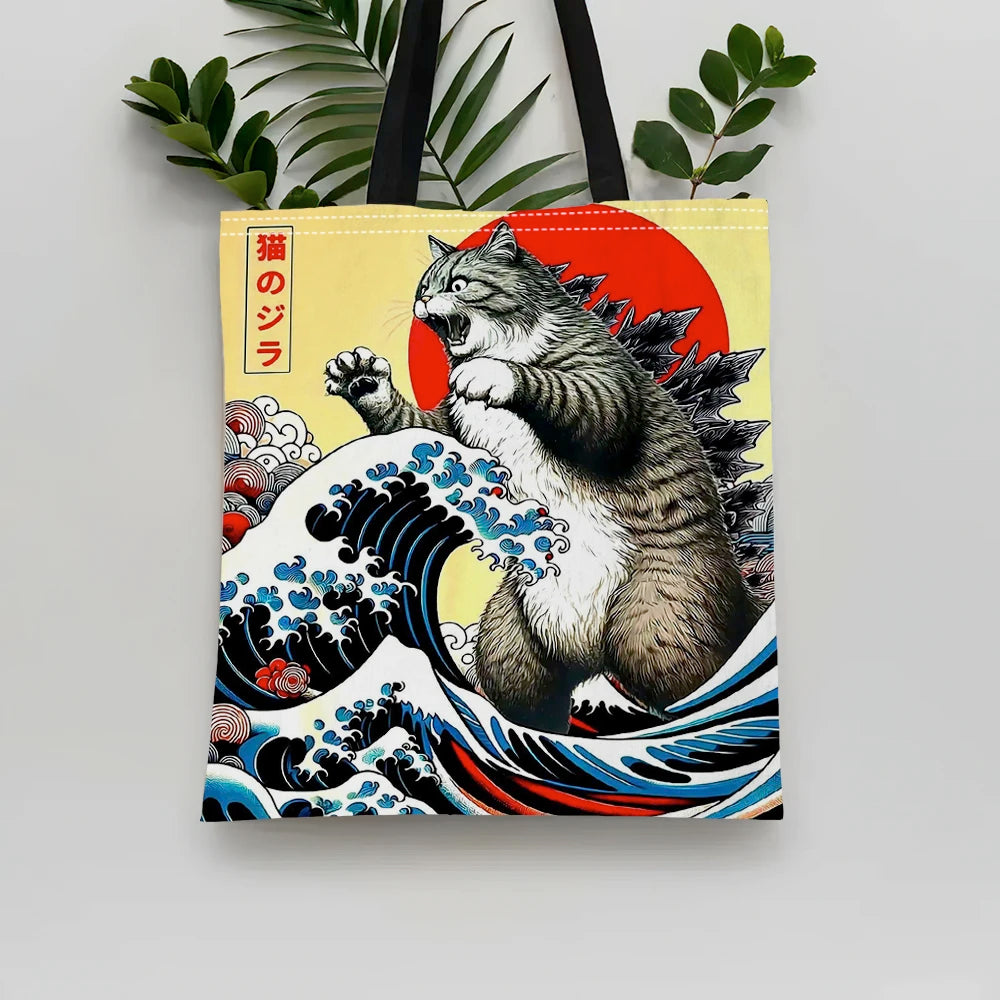 Catzilla Japanese Art Tote Bag Reusable Shoulder Shopping Beach Bag For Women, Durable Casual Carryall