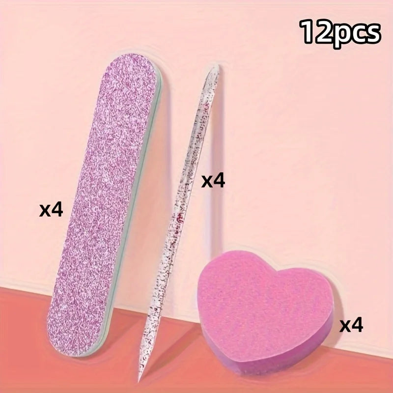 12 Piece Set of Pink Glitter Nail Care Kit - Heart-Shaped Buffer, Crystal Rod, and Double-Sided File for Nail Art and Pedicures