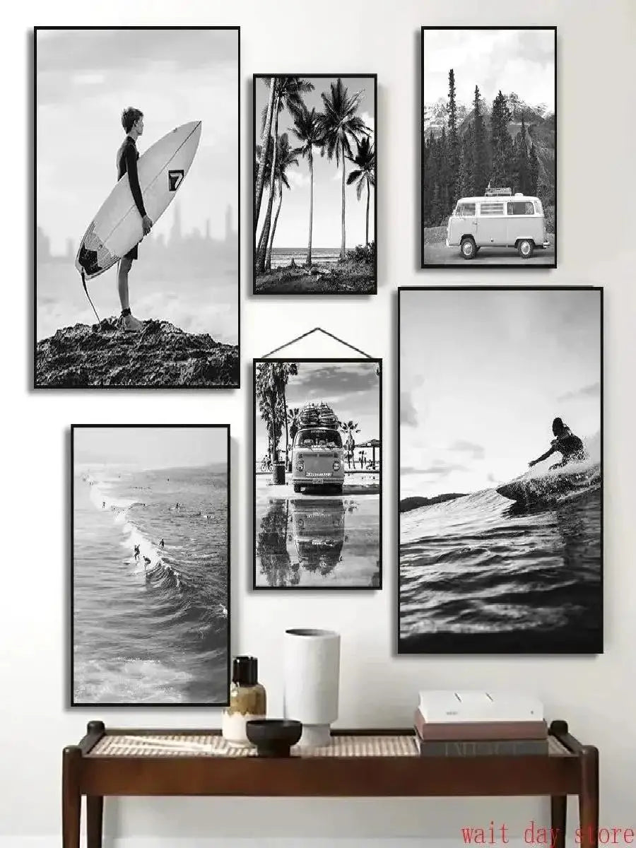 Beach Camper Van Surfing Ocean Landscape Wall Art  Palm Tree  Surfboard Canvas Painting  Home Room Decor Poster Prints