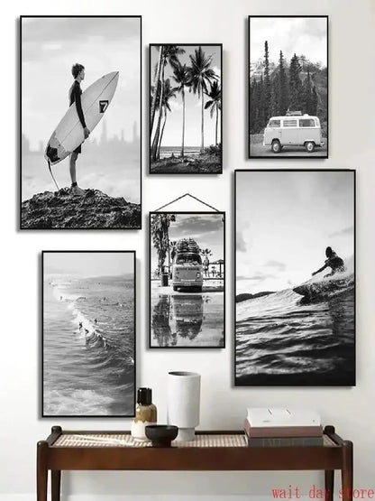 Beach Camper Van Surfing Ocean Landscape Wall Art  Palm Tree  Surfboard Canvas Painting  Home Room Decor Poster Prints