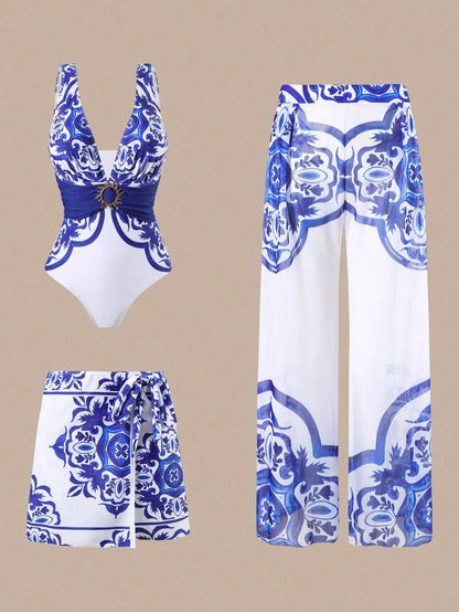Blue One-Shoulder Ruffled Print Floral Swimsuit Set Cover Up Single Piece Micro Monokini Sexy Swimwear For Girls Summer Beach