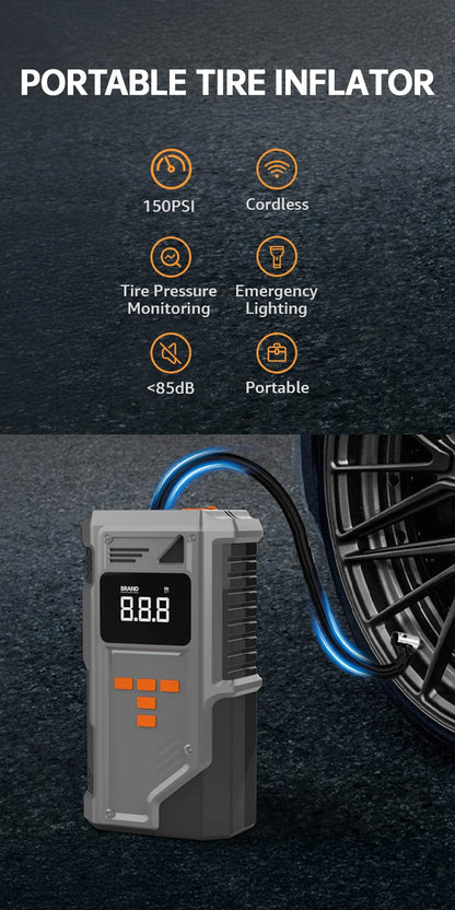 JKUOO Car Jump Starter And Air Inflator  10.2 Bar Fast Fill -40°C Low-Temp Work 12V Lead-Acid Battery with Tire Monitoring
