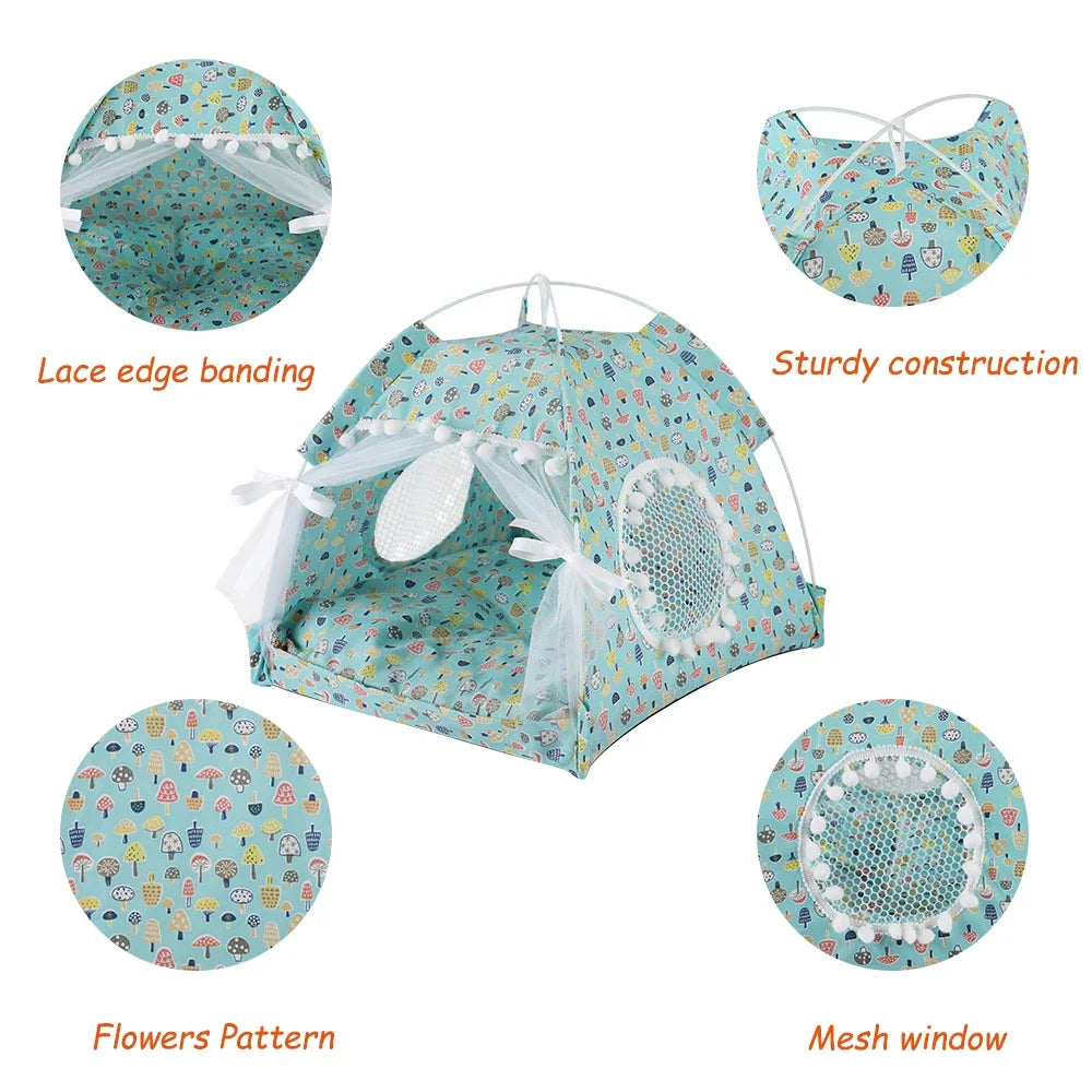 Pet Dog Tent House Floral Print Enclosed Cat Tent Bed Indoor Folding Portable Comfortable Kitten Bed Kennel For Small Pets