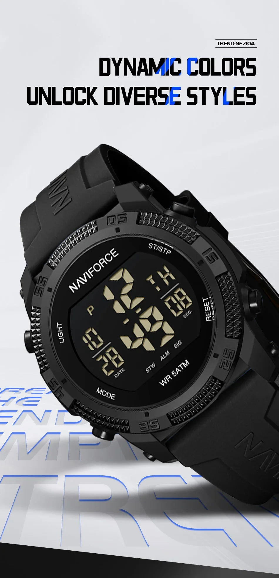 NAVIFORCE NF7104  Men's LCD Digital Casual Date and Week Alarm Waterproof Silicone Strap Electronic Watch