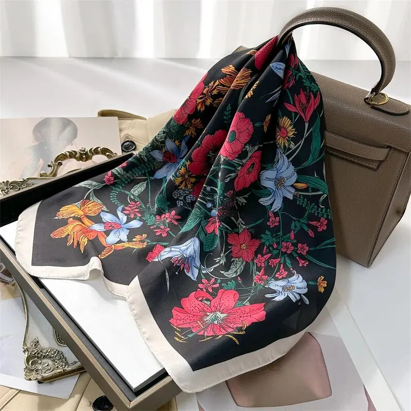 Luxury Print imitation Silk Square Scarf Women Spring Neck Tie Shawl Wraps Female Hair Hand Wrist Headkercheif Hijab Bandana