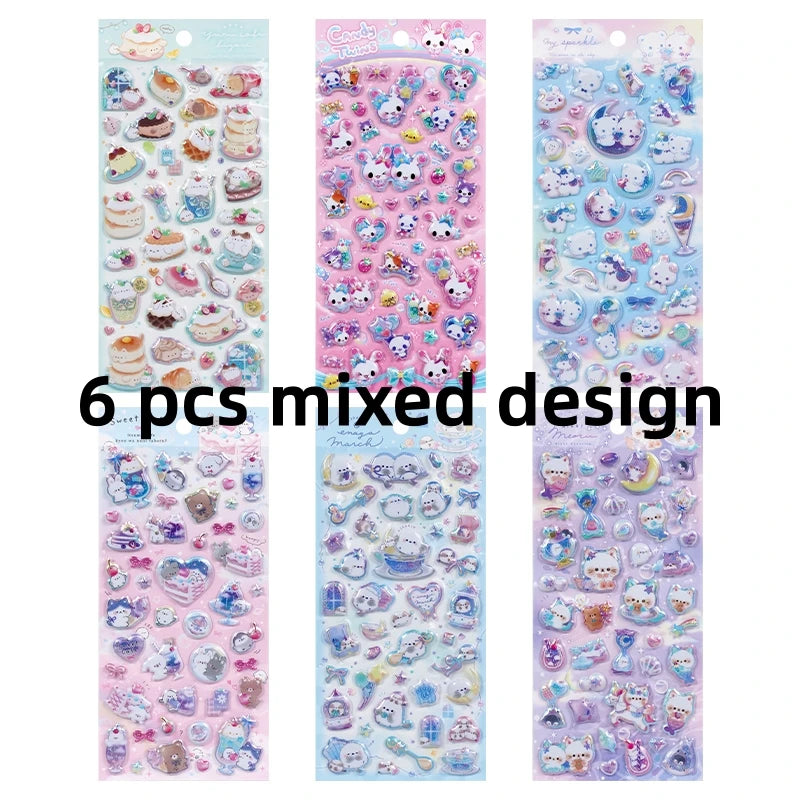 3 pcs/6 pcs Sweet Candy Pets Cat Coffee Cakes Flash Puffy 3D Stickers Scrapbooking Diy Diary Stationery Stickers School Supplies