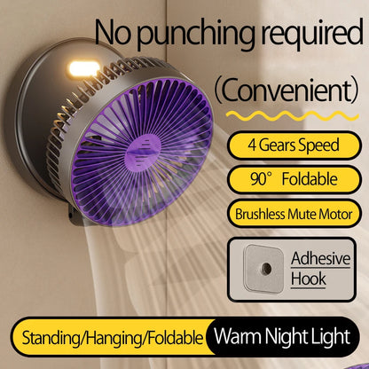 2024 New Rechargeable 3IN1 Multifunctional Portable Fan Wall Mounted Fan 90° Folding Fan 4 Gears With Warm Night Light