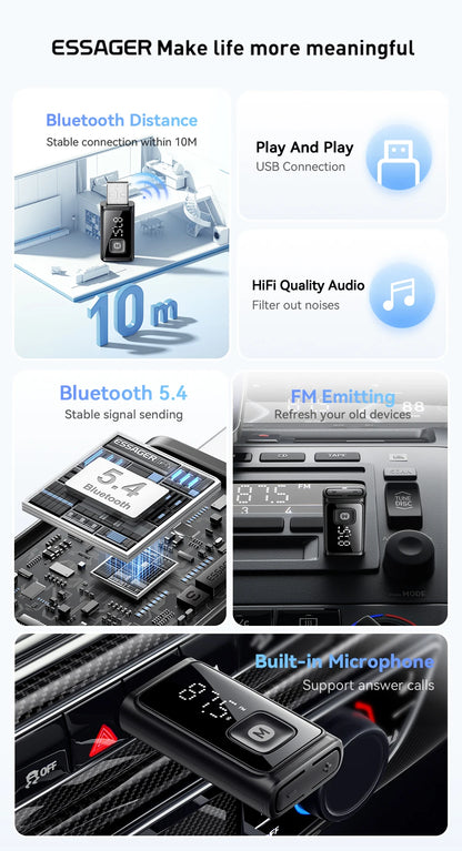 ESSAGER Bluetooth 5.4 Car Adapter Wireless FM Transmitter Audio Receiver&Handsfree Call Auto Stereo Mic Car Adapter Accessories