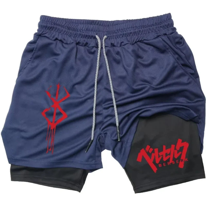 Anime Berserk Performance Shorts Men 2-in- Running Compression Shorts Training Yoga Gym Sportswear Workout Shorts with Pockets