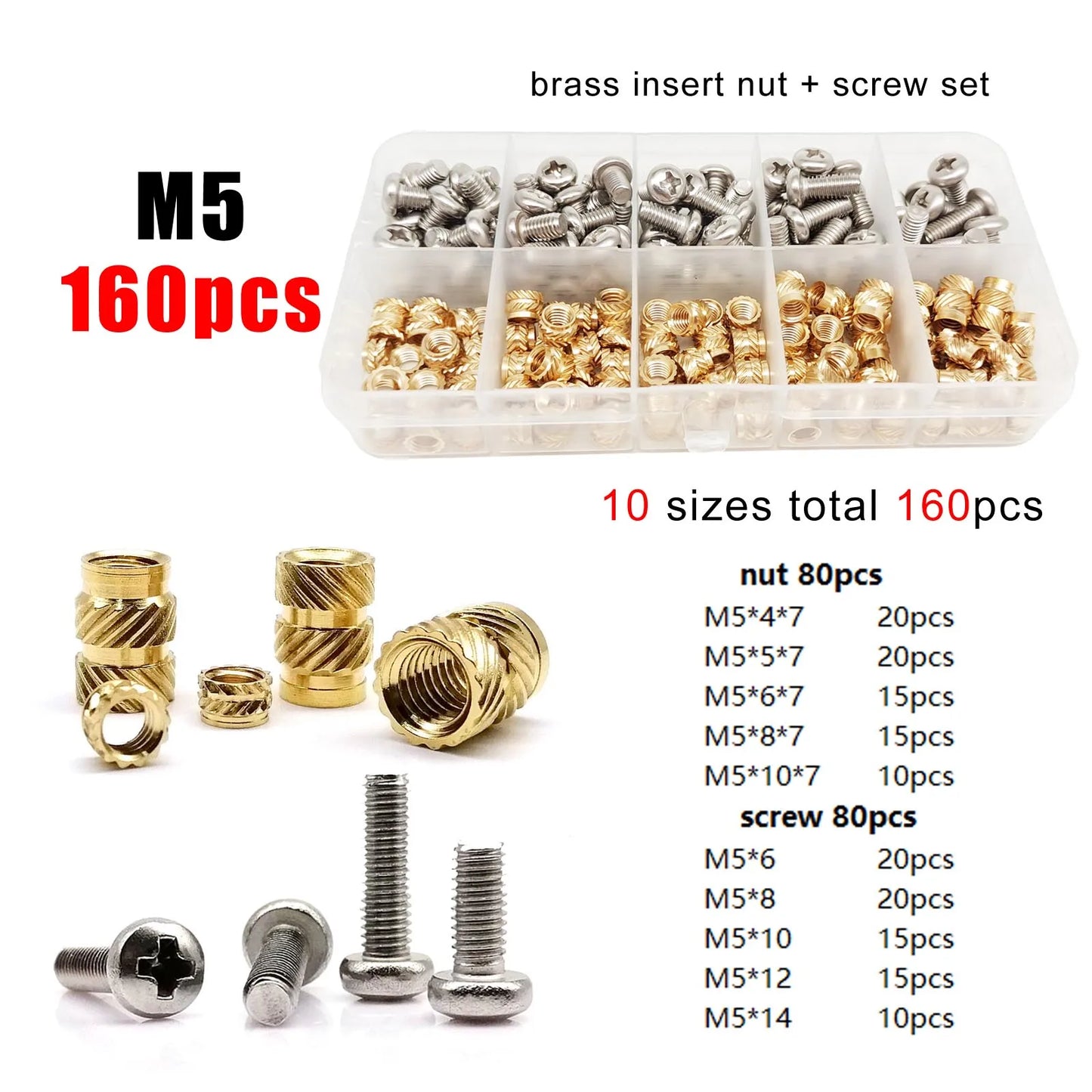 M1.4 M1.6 M2 M2.5 M3 M4 M5M6 Brass Copper Twill Knurled Thread Hot Heat Melt Injection 3D Print Embed Insert Nut Screw Kit Set