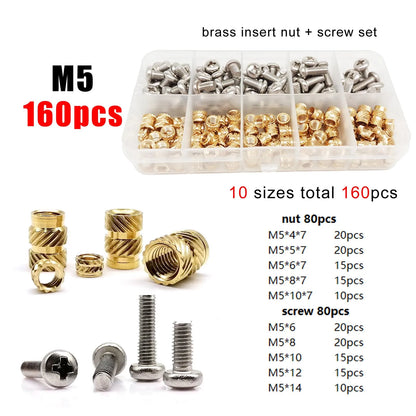 M1.4 M1.6 M2 M2.5 M3 M4 M5M6 Brass Copper Twill Knurled Thread Hot Heat Melt Injection 3D Print Embed Insert Nut Screw Kit Set