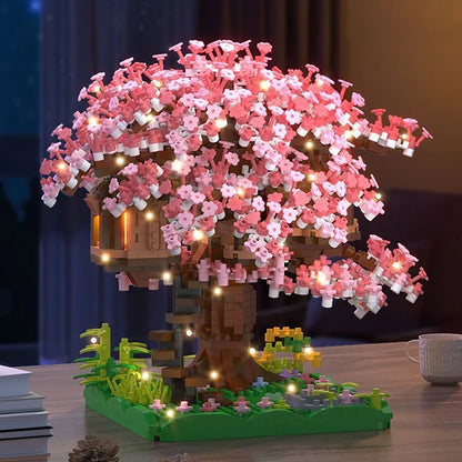 Sakura Tree Micro Blocks with LED Lights - Cherry Blossom Treehouse Model, 3D Romantic Night Glow Decor, Thoughtful Gift for Her