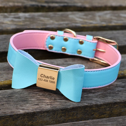 Custom PU Leather Dog Collar Soft Bowknot Pet Collars Engraved Name Puppy Cat Necklace Anti-lost for Small Medium Large Dogs Pug