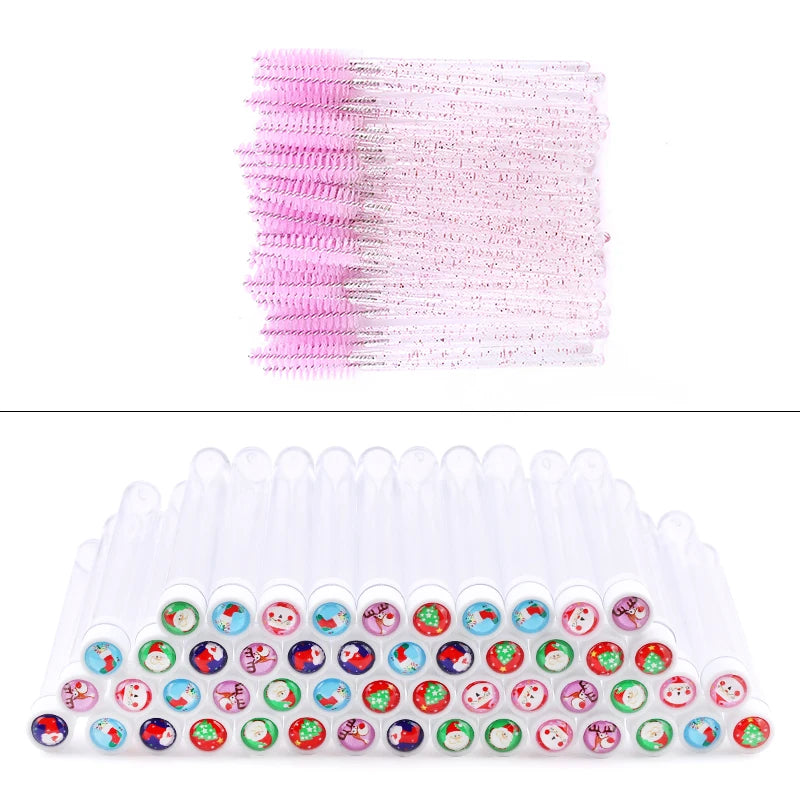 100/50pcs Christmas Eyelash Brush Tube Reusable Eyebrow Brushes Mascara Wand Dust-proof Storage Tubes Cosmetics Makeup Tools