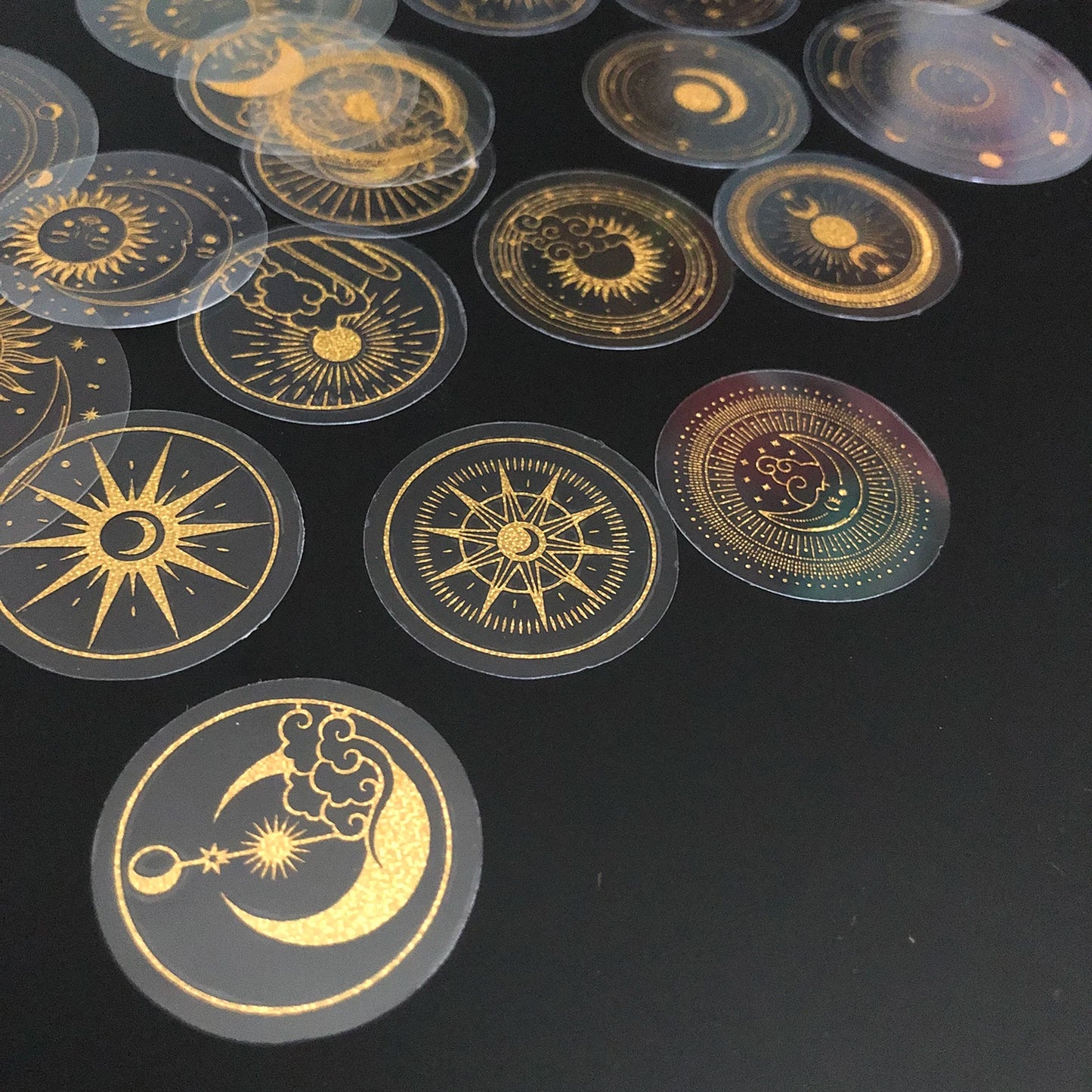 70 pcs Glitter Gold PET Adhesive Stickers Waterproof Transparent Label: SUN MOON Stars Etc