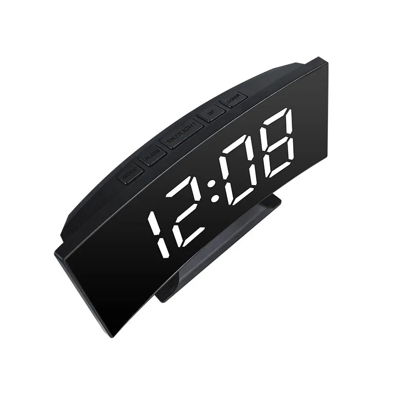 Curved Screen Clock Digital Led Alarm Clock with Temperature Display Large Mirror Clock Snooze Bedside Table Clock Room Decor