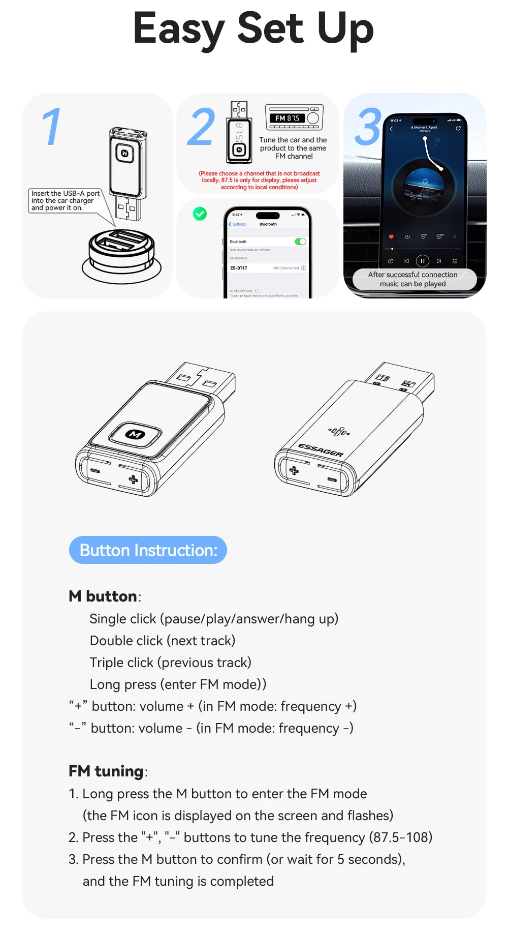 ESSAGER Bluetooth 5.4 Car Adapter Wireless FM Transmitter Audio Receiver&Handsfree Call Auto Stereo Mic Car Adapter Accessories