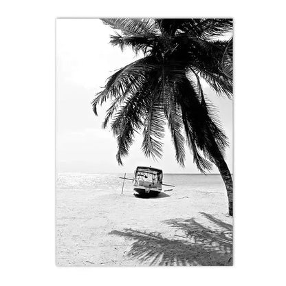 Beach Camper Van Surfing Ocean Landscape Wall Art  Palm Tree  Surfboard Canvas Painting  Home Room Decor Poster Prints